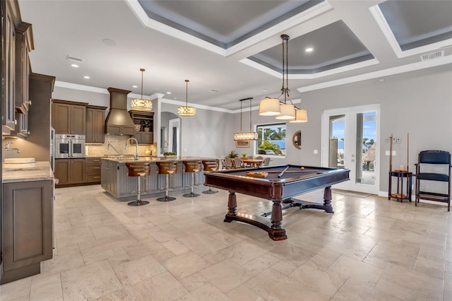 playroom featuring sink, pool table, ornamental molding, and french doors