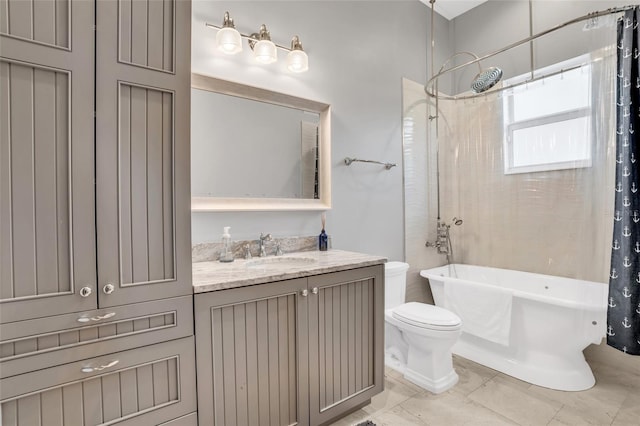 full bathroom with shower / tub combo, vanity, and toilet