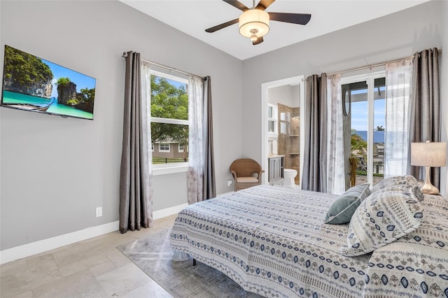 bedroom with connected bathroom and ceiling fan