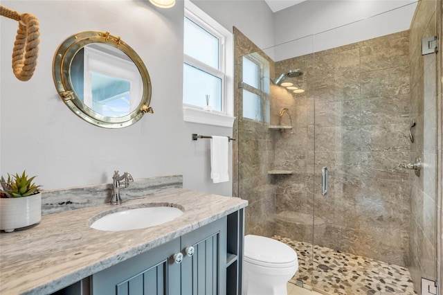 bathroom featuring vanity, toilet, and a shower with shower door