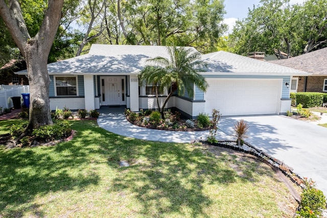 ranch-style house featuring a garage and a front lawn