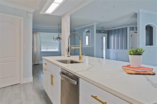 kitchen with white cabinets, ornamental molding, sink, dishwasher, and light stone countertops