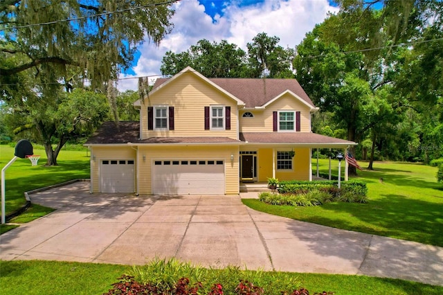 view of front of property featuring a garage and a front lawn