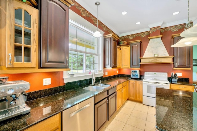 kitchen with decorative light fixtures, sink, custom exhaust hood, stainless steel dishwasher, and crown molding