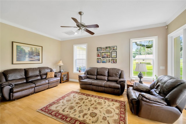 living room featuring ornamental molding, ceiling fan, and light wood-type flooring