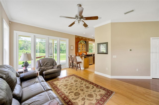 living room featuring crown molding, ceiling fan, and light wood-type flooring