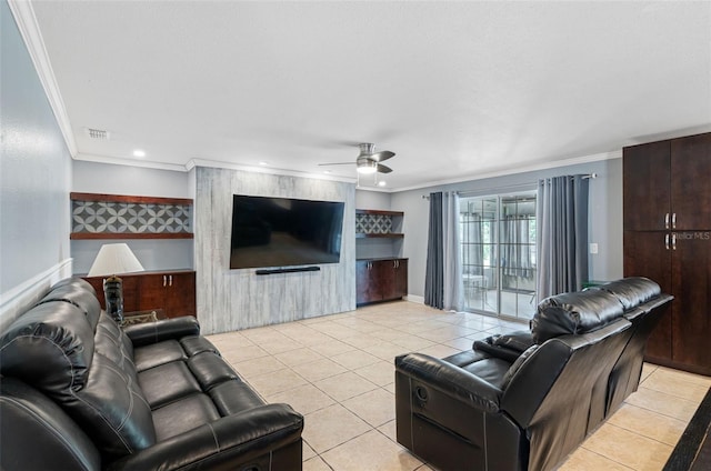 living room with crown molding, light tile patterned floors, and ceiling fan