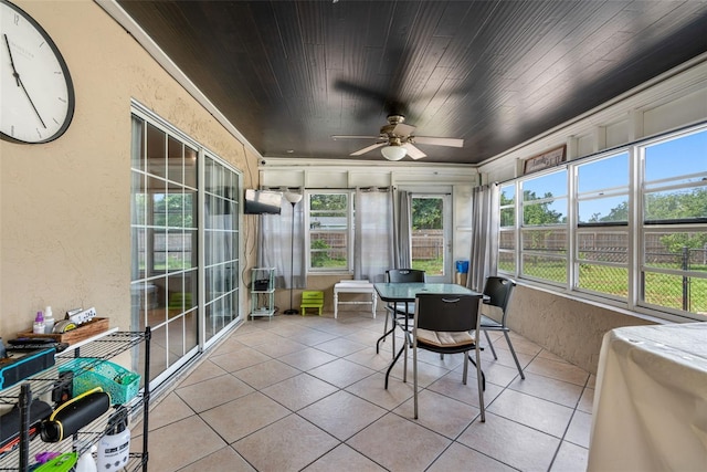 sunroom / solarium with wooden ceiling and ceiling fan