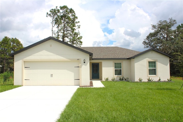 ranch-style home featuring a front yard and a garage