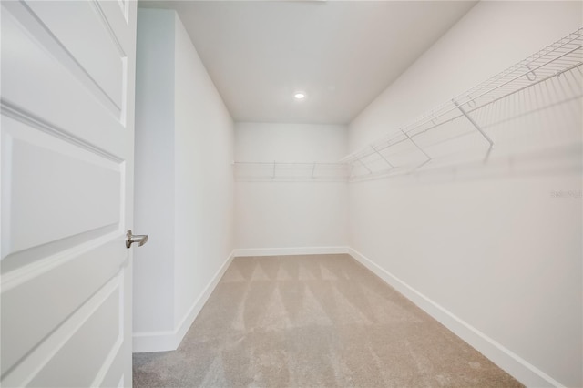 walk in closet with light carpet