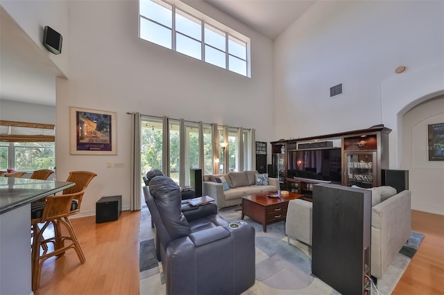 living room featuring a towering ceiling and light hardwood / wood-style flooring