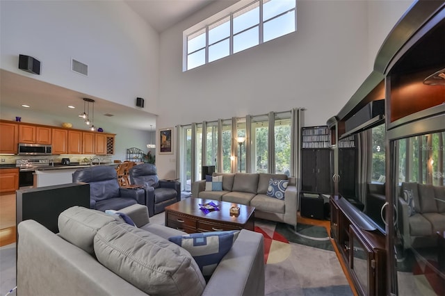 living room featuring a towering ceiling