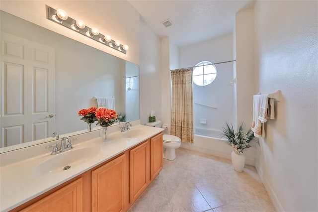 full bathroom featuring shower / bathtub combination with curtain, vanity, toilet, and tile patterned flooring