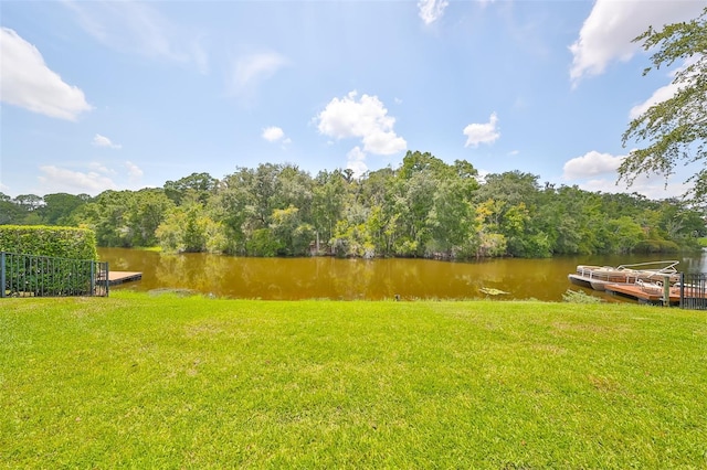 view of yard with a water view and a dock