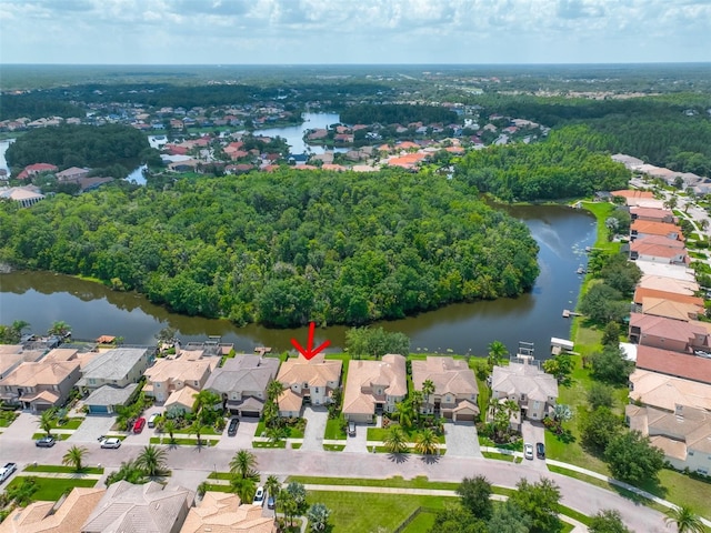 drone / aerial view featuring a water view