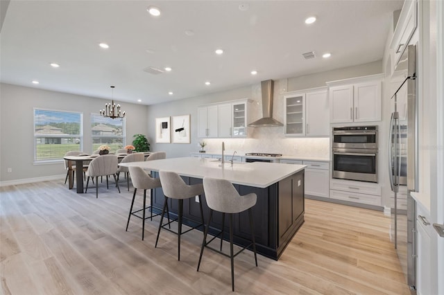 kitchen featuring wall chimney exhaust hood, white cabinetry, and a kitchen island with sink