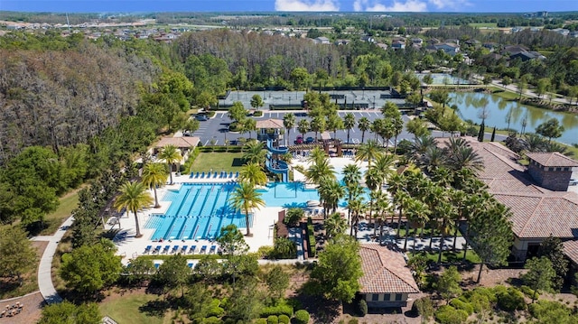 birds eye view of property featuring a water view