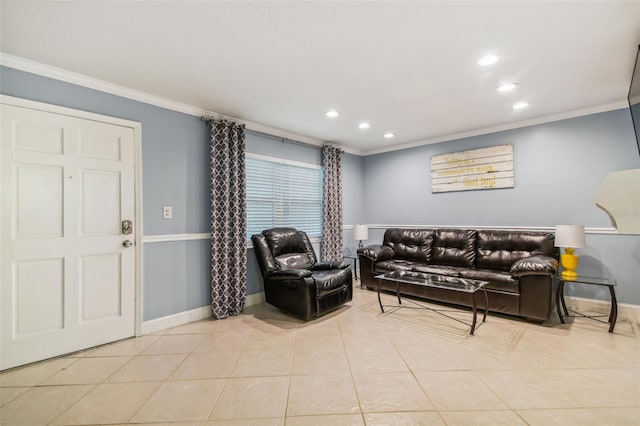 living room with ornamental molding and light tile patterned floors