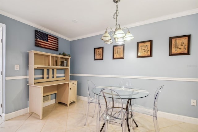 tiled dining space with crown molding and an inviting chandelier