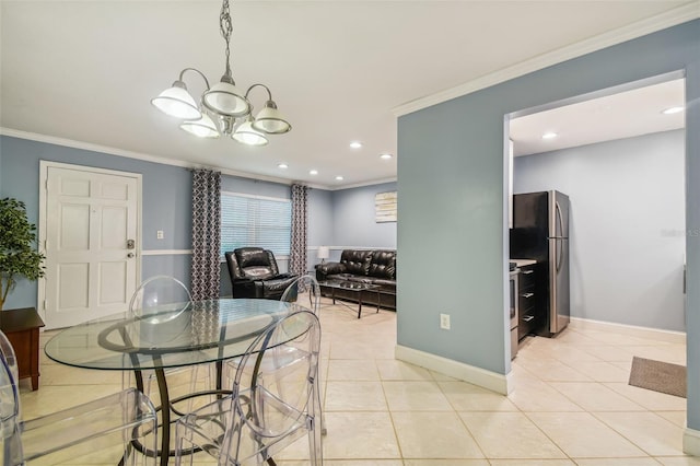 tiled dining area featuring crown molding and a notable chandelier