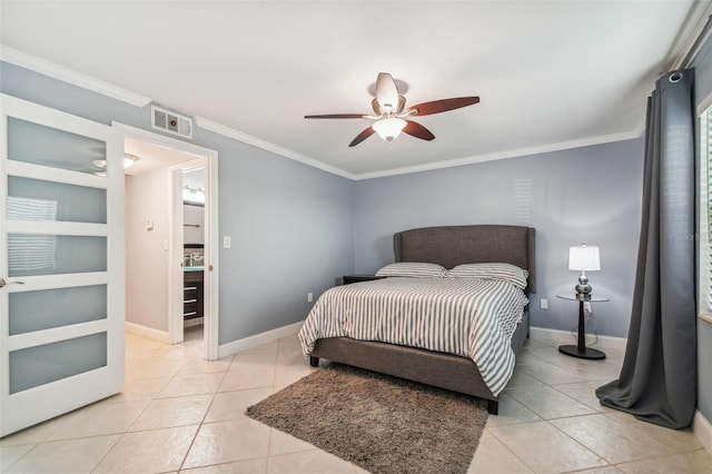 bedroom featuring crown molding, ceiling fan, and light tile patterned floors