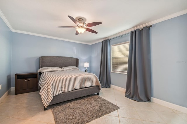 bedroom with crown molding, light tile patterned flooring, and ceiling fan