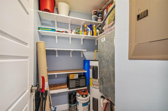 pantry with electric panel and electric water heater