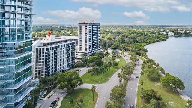 birds eye view of property featuring a water view