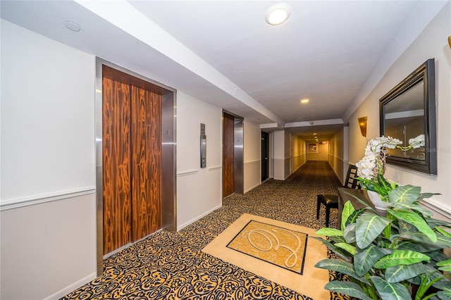 hall featuring elevator and carpet