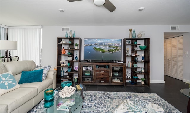 living room with ceiling fan