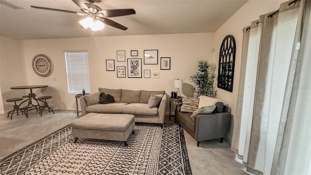 living room with ceiling fan