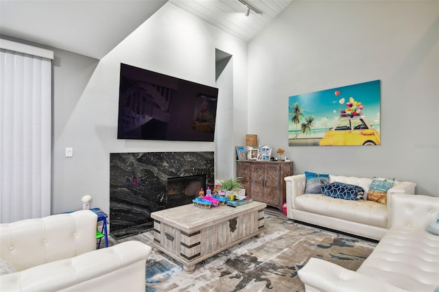 living room featuring a premium fireplace, vaulted ceiling, and track lighting