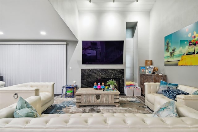 living room featuring a fireplace