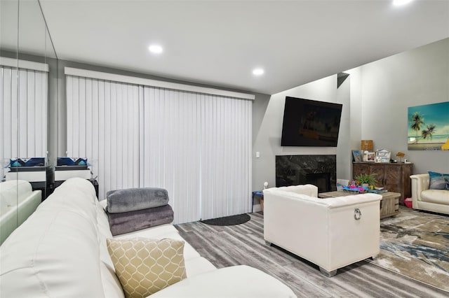 living room with hardwood / wood-style flooring and a high end fireplace