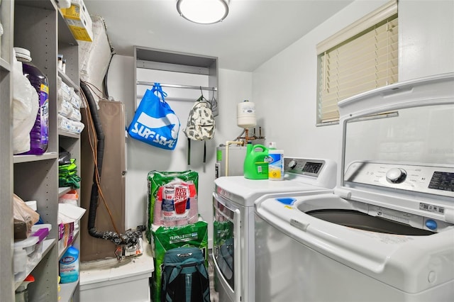 laundry area featuring washing machine and clothes dryer and water heater