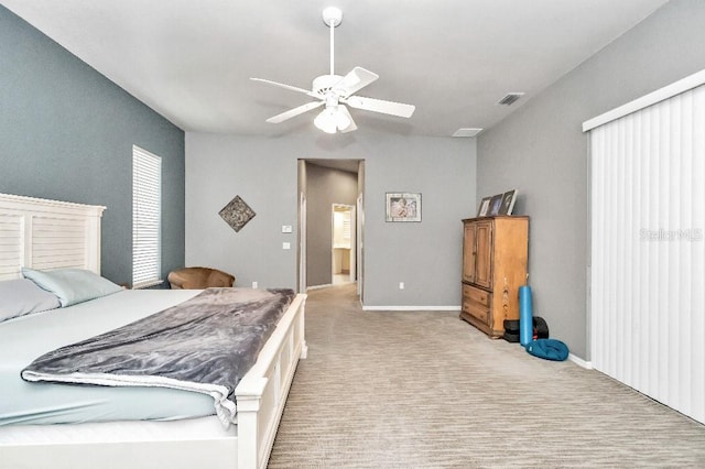 carpeted bedroom featuring ceiling fan