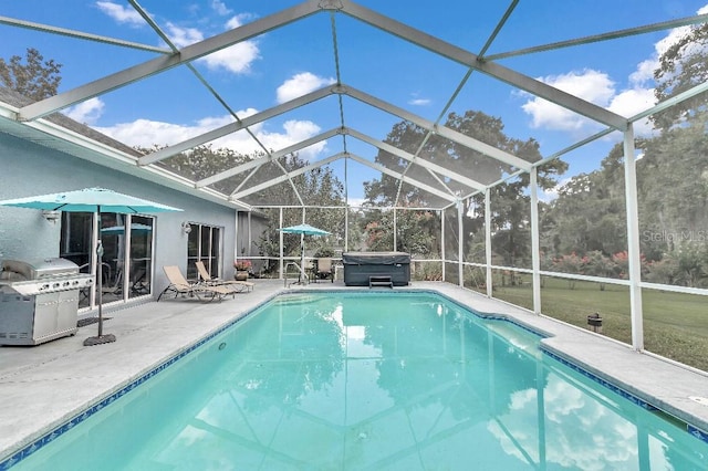 view of pool featuring a patio, a lanai, and a grill