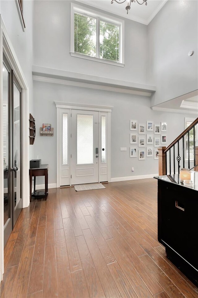 foyer entrance featuring ornamental molding and wood-type flooring