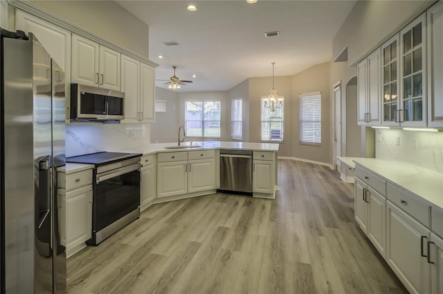 19334 Autumn Woods Ave, Tampa, FL 33647 - kitchen featuring visible vents, appliances with stainless steel finishes, a sink, a peninsula, and light wood-style floors