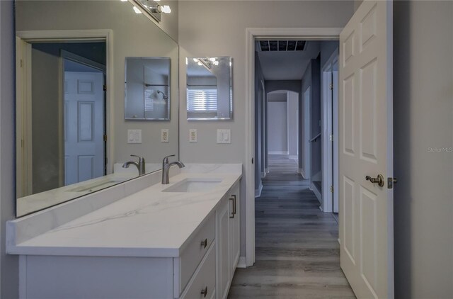 19334 Autumn Woods Ave, Tampa, FL 33647 - bathroom with baseboards, visible vents, wood finished floors, and vanity