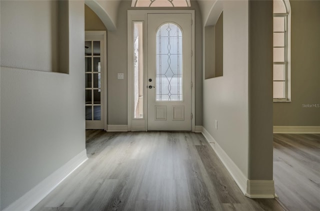 19334 Autumn Woods Ave, Tampa, FL 33647 - foyer featuring arched walkways, baseboards, and wood finished floors