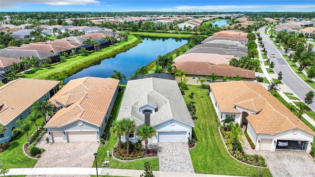 bird's eye view with a water view