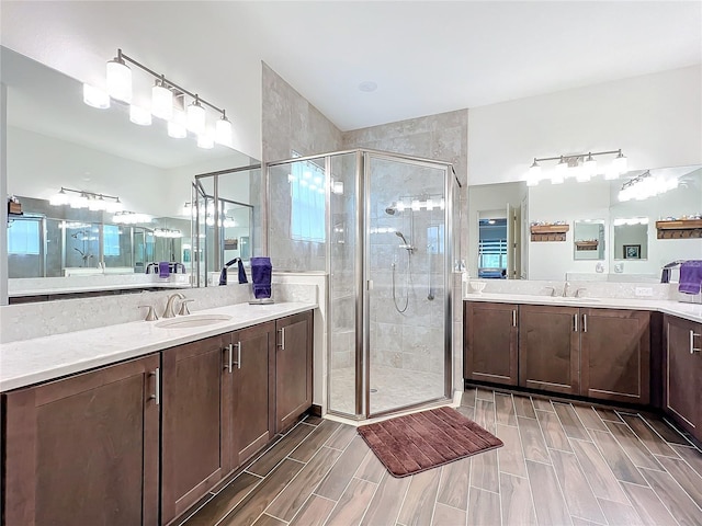 bathroom featuring vanity and a shower with door