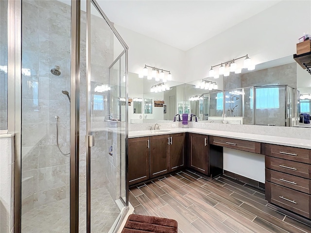 bathroom with vanity and an enclosed shower