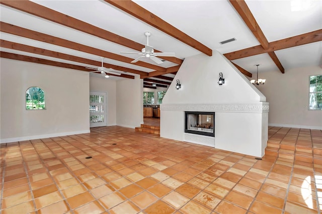 unfurnished living room with vaulted ceiling with beams, a multi sided fireplace, ceiling fan with notable chandelier, and light tile patterned floors