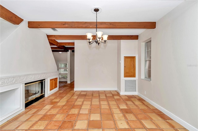 unfurnished dining area with light tile patterned flooring, an inviting chandelier, beam ceiling, and a premium fireplace