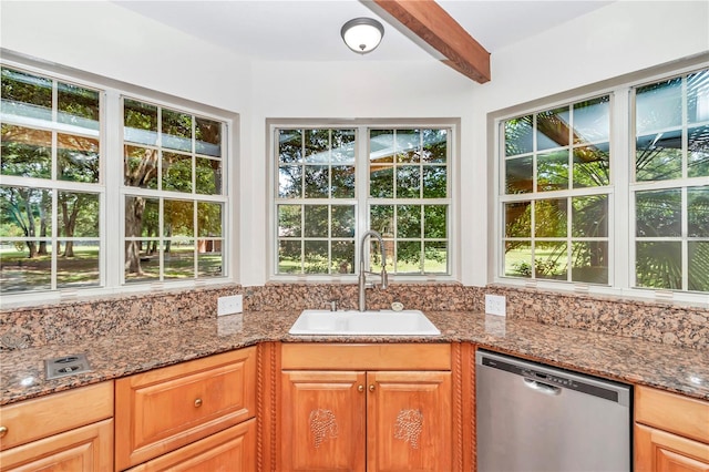 kitchen featuring dishwasher, beamed ceiling, a healthy amount of sunlight, and sink