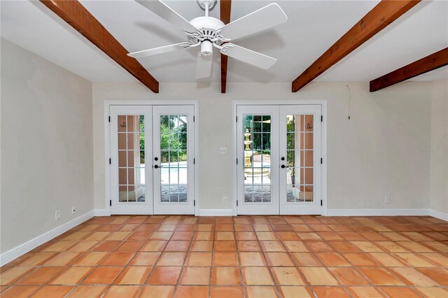 doorway to outside featuring beam ceiling, french doors, light tile patterned floors, and ceiling fan