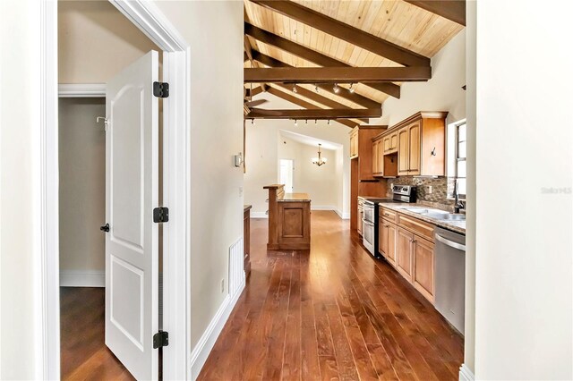 kitchen featuring beamed ceiling, appliances with stainless steel finishes, dark hardwood / wood-style floors, and backsplash