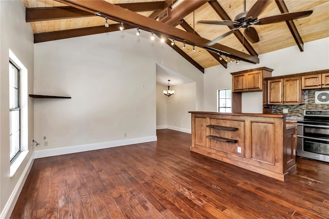 kitchen featuring beam ceiling, electric range, decorative backsplash, and high vaulted ceiling